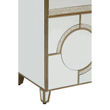 Champagne gold and mirrored sideboard featuring a geometric design with circular accents, sleek legs, and a smooth surface, ideal for adding elegance to home decor