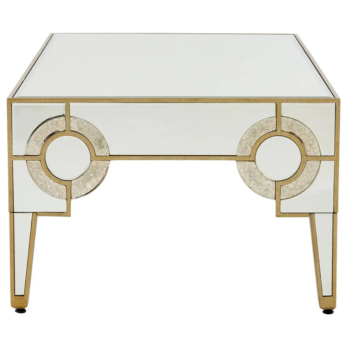 Mirrored coffee table with gold geometric trim and decorative circular side accents