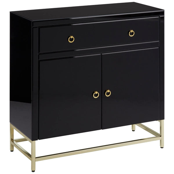 Black cabinet with a glossy finish, featuring two drawers and two doors, accented with gold hardware. The cabinet stands on slender gold legs, adding a modern touch to its elegant design