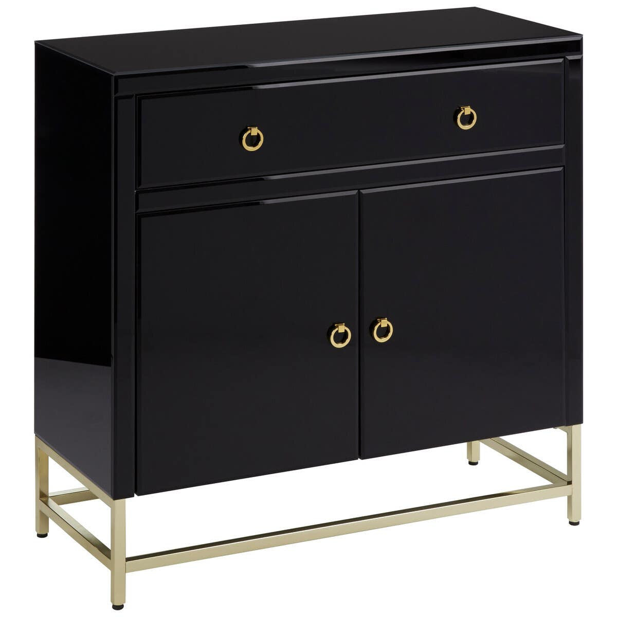 Black cabinet with a glossy finish, featuring two drawers and two doors, accented with gold hardware. The cabinet stands on slender gold legs, adding a modern touch to its elegant design