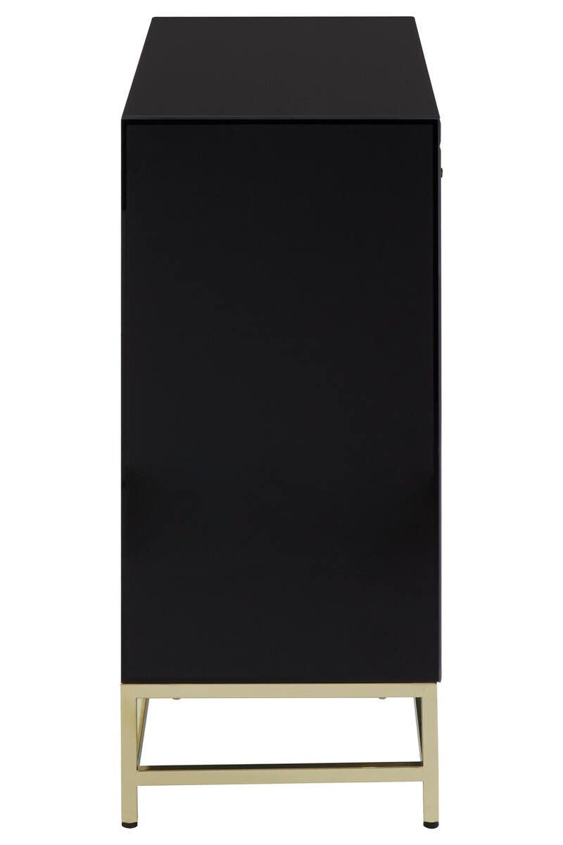A sleek black cabinet with a minimalist design, featuring a smooth top surface and a rectangular shape. The cabinet stands on four slender gold legs, adding a touch of elegance. The overall finish is glossy, enhancing its modern aesthetic