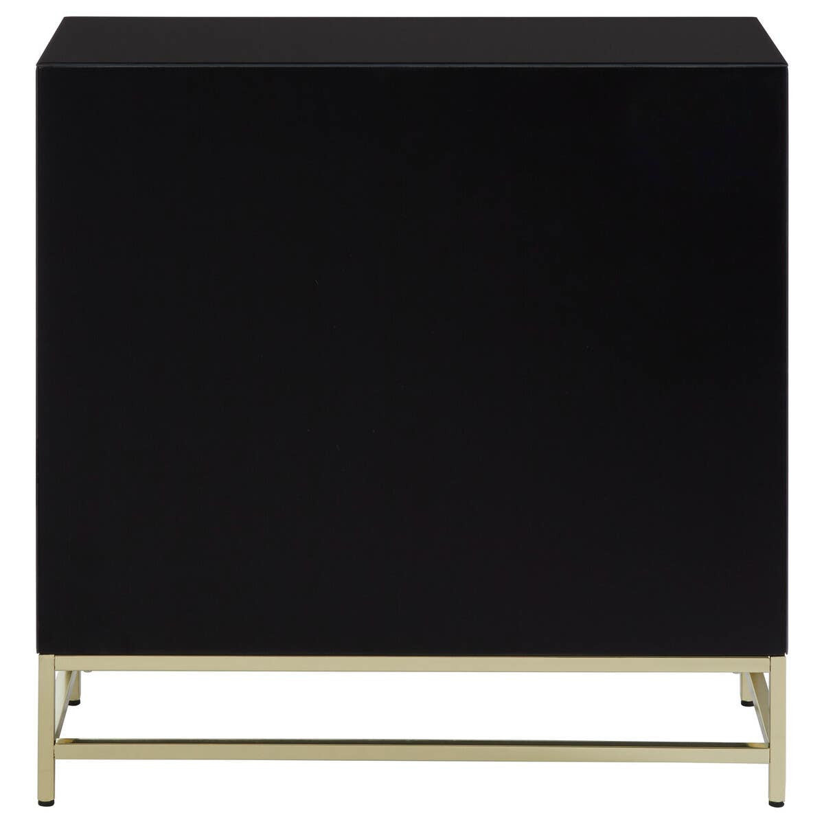 Black cabinet with a sleek, minimalist design featuring a smooth surface and gold metal legs, suitable for modern home decor