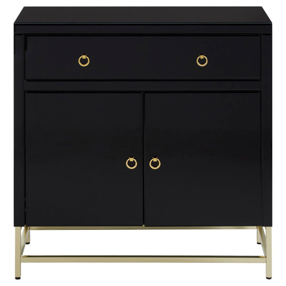 Black cabinet featuring two drawers and two doors, accented with gold hardware and standing on sleek gold legs. The cabinet has a modern design with a smooth finish, suitable for home decor