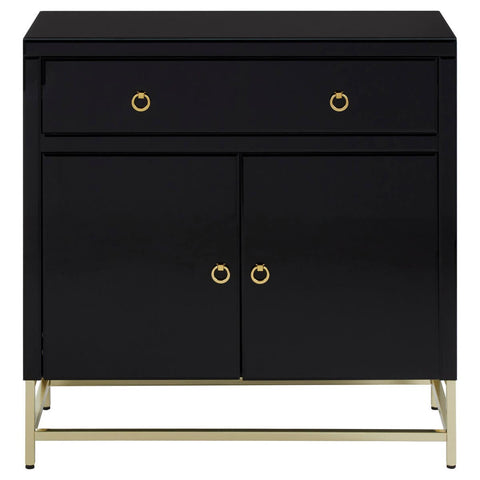 Black cabinet featuring two drawers and two doors, accented with gold hardware and standing on sleek gold legs. The cabinet has a modern design with a smooth finish, suitable for home decor