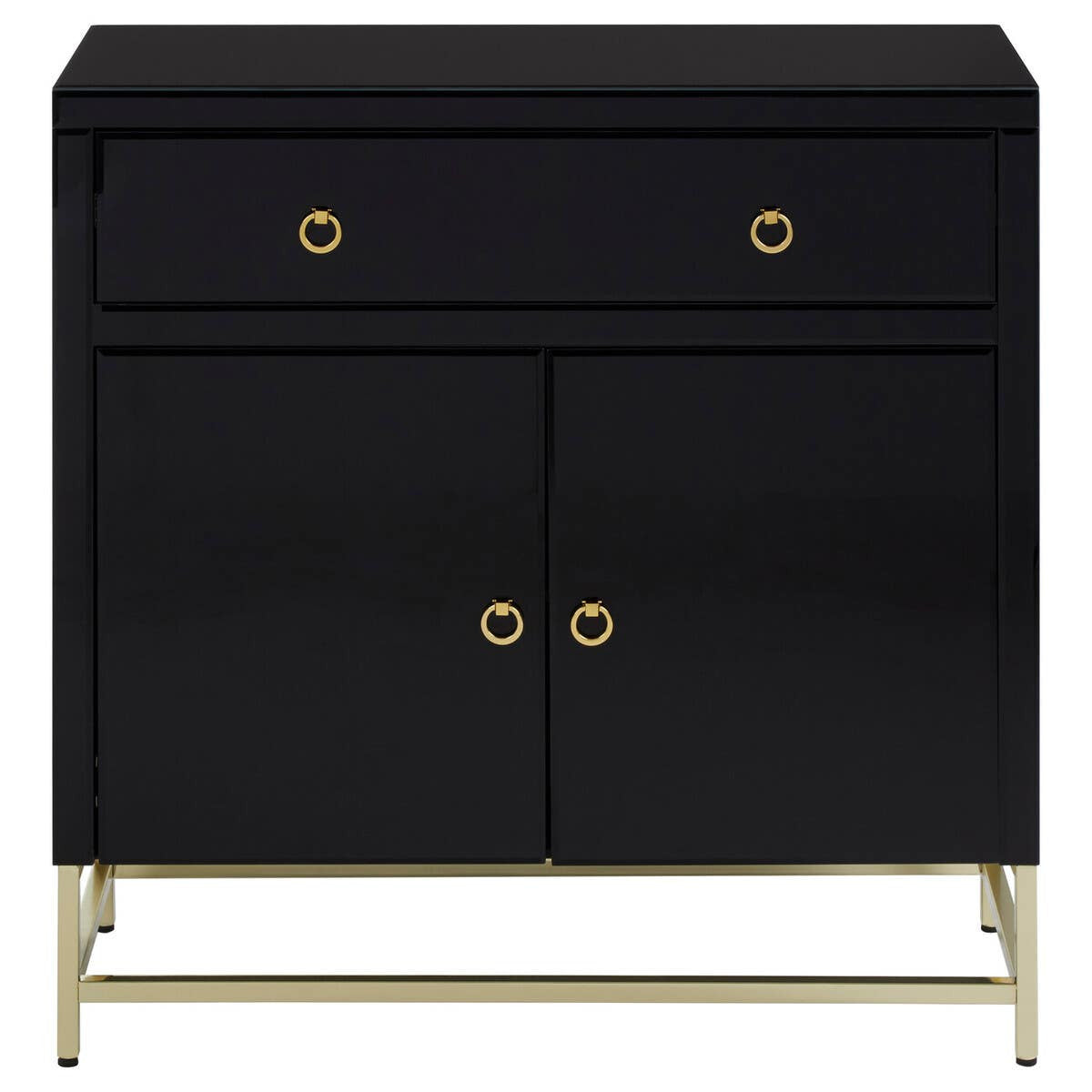 Black cabinet featuring two drawers and two doors, accented with gold hardware and standing on sleek gold legs. The cabinet has a modern design with a smooth finish, suitable for home decor