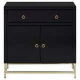Black cabinet featuring two drawers and two doors, accented with gold hardware and standing on sleek gold legs. The cabinet has a modern design with a smooth finish, suitable for home decor