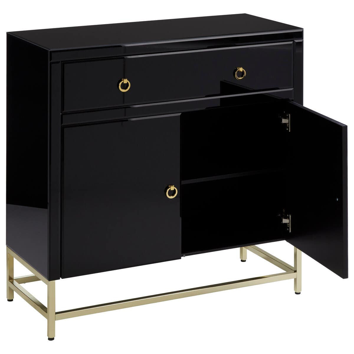 Black cabinet with a glossy finish featuring two drawers and two doors, showcasing a sleek design with gold hardware and a minimalist gold metal base. The cabinet is positioned at an angle, highlighting its modern aesthetic and functional storage space