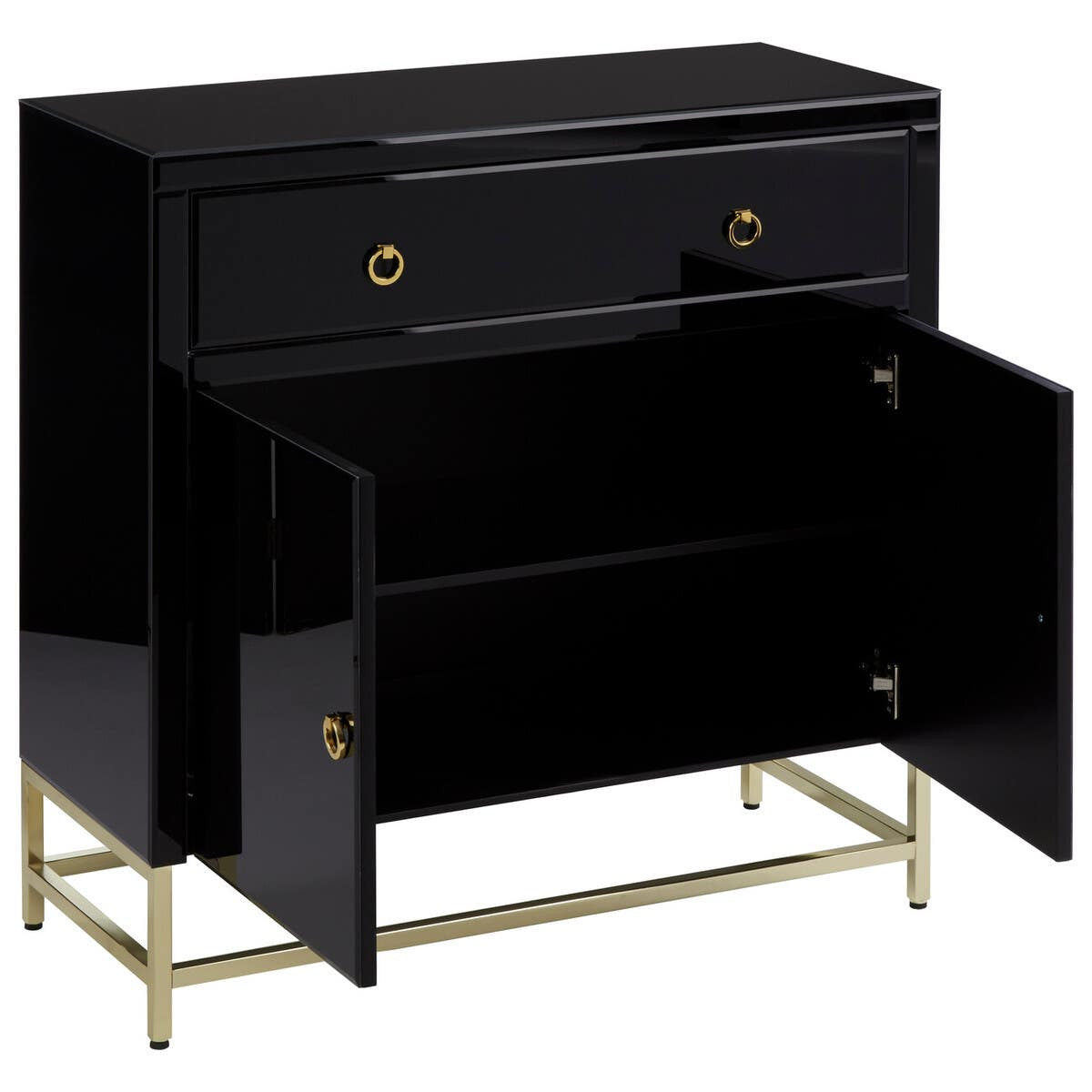 A sleek black cabinet with a glossy finish featuring two doors and one drawer, adorned with round gold handles. The cabinet stands on slender gold legs, adding an elegant touch to its modern design