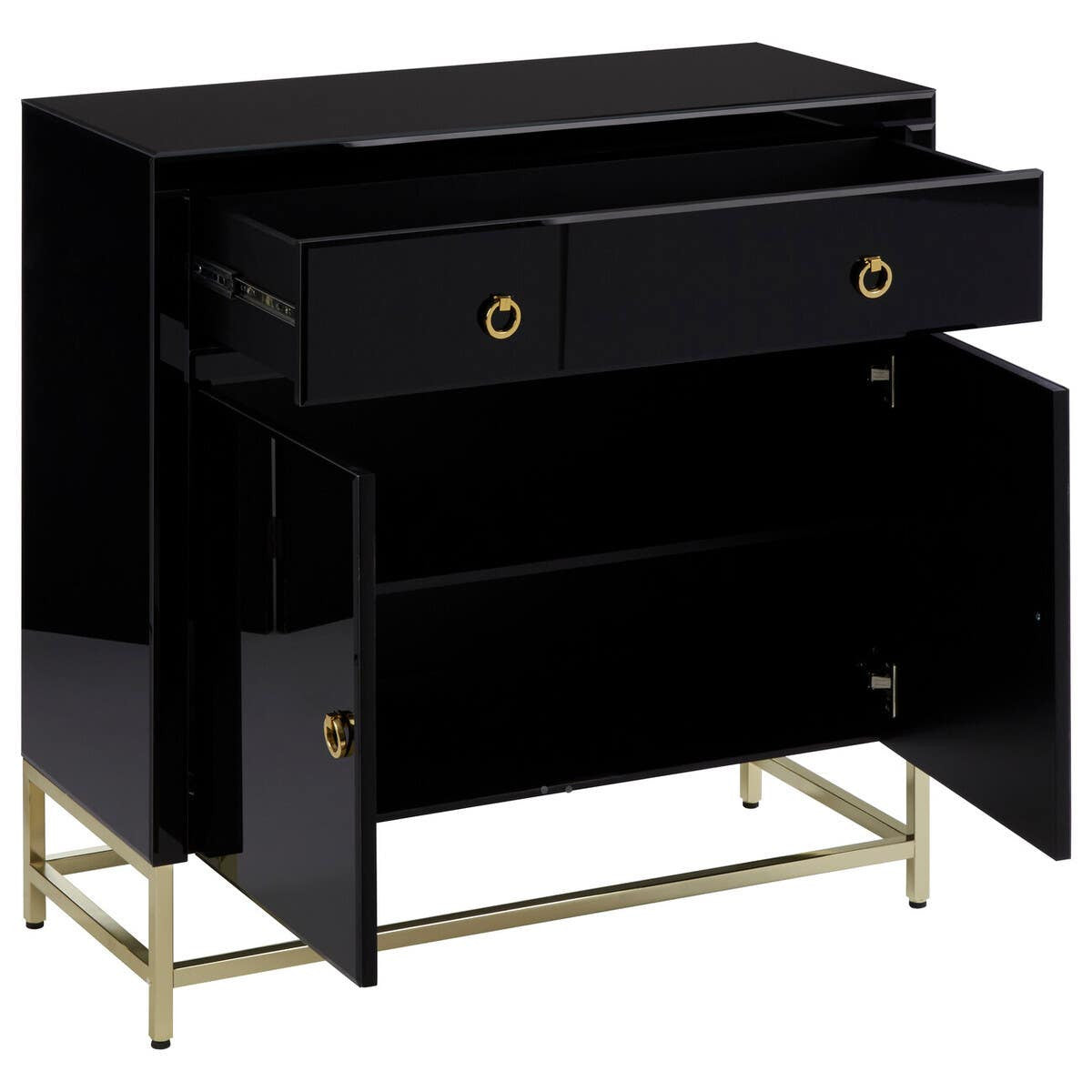 Black cabinet with a glossy finish, featuring two drawers with circular gold handles and two open doors revealing interior shelving. The cabinet is supported by a sleek gold metal base, adding a modern touch to the design
