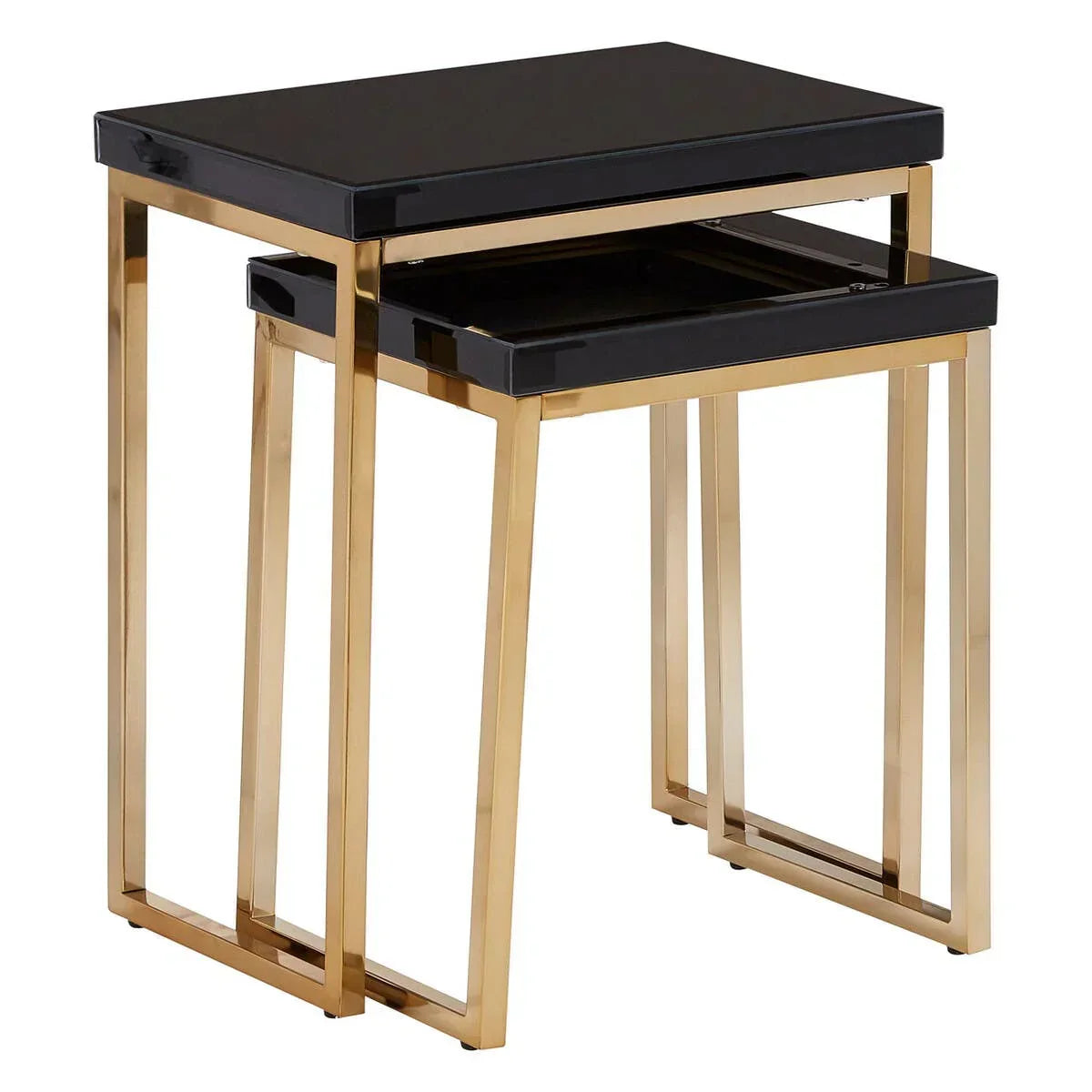 Set of two black glass nesting tables with gold metal frames