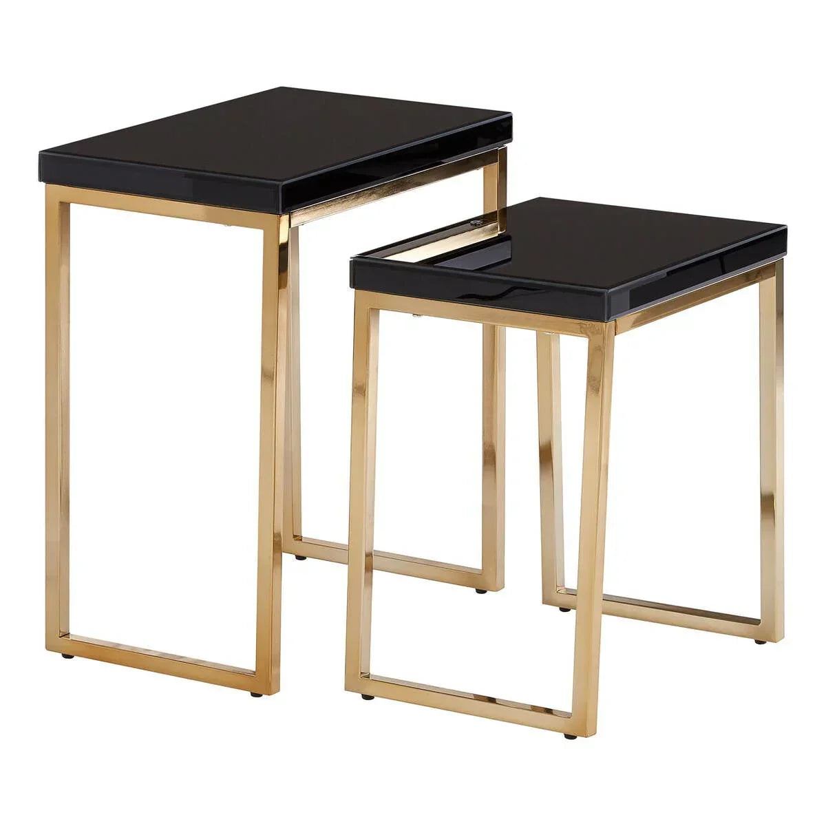 Set of two black glass top nesting tables with gold metal frames, modern style