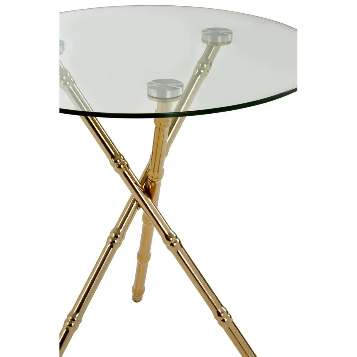 Round glass side table with gold crossed legs and metal supports