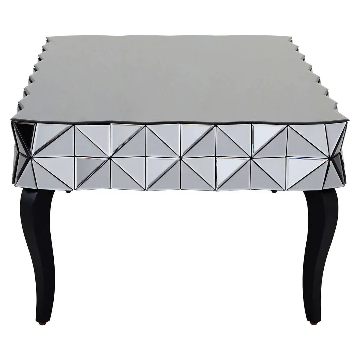 mirrored coffee table with geometric front and black curved legs