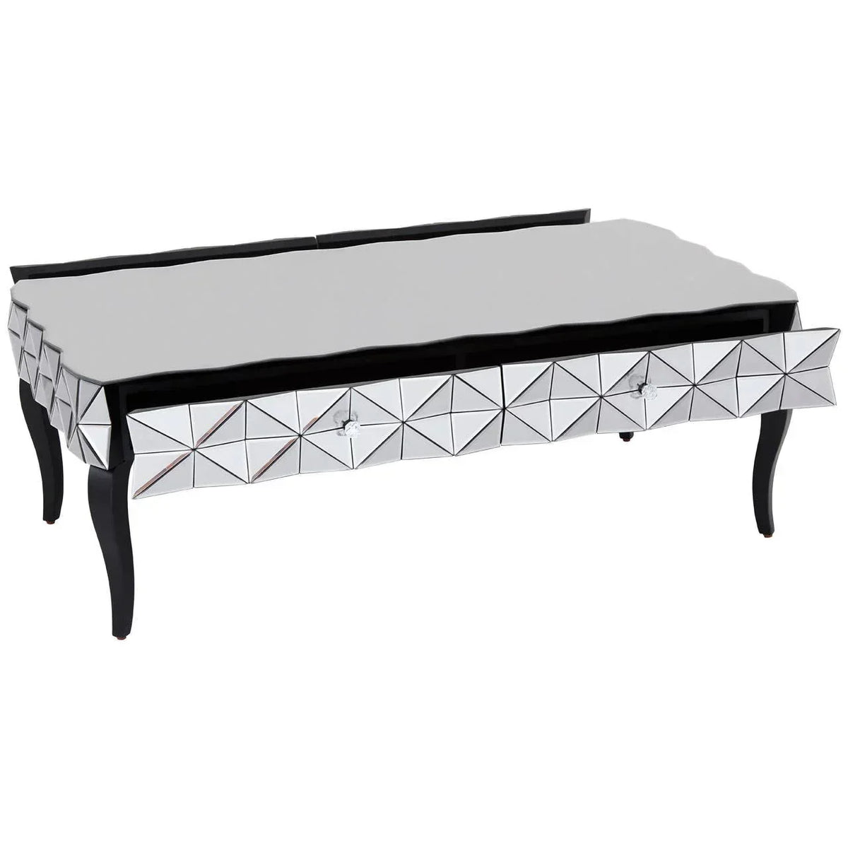 Mirrored coffee table with geometric drawer fronts and black curved legs