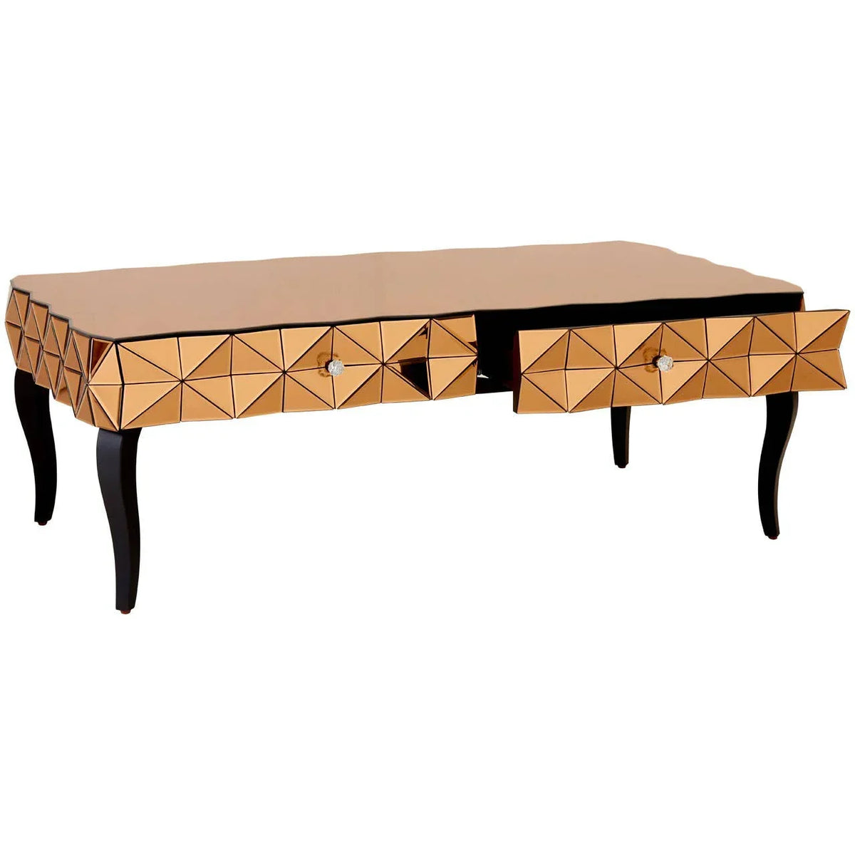 Gold mirrored coffee table with geometric pattern and two open drawers, curved black legs