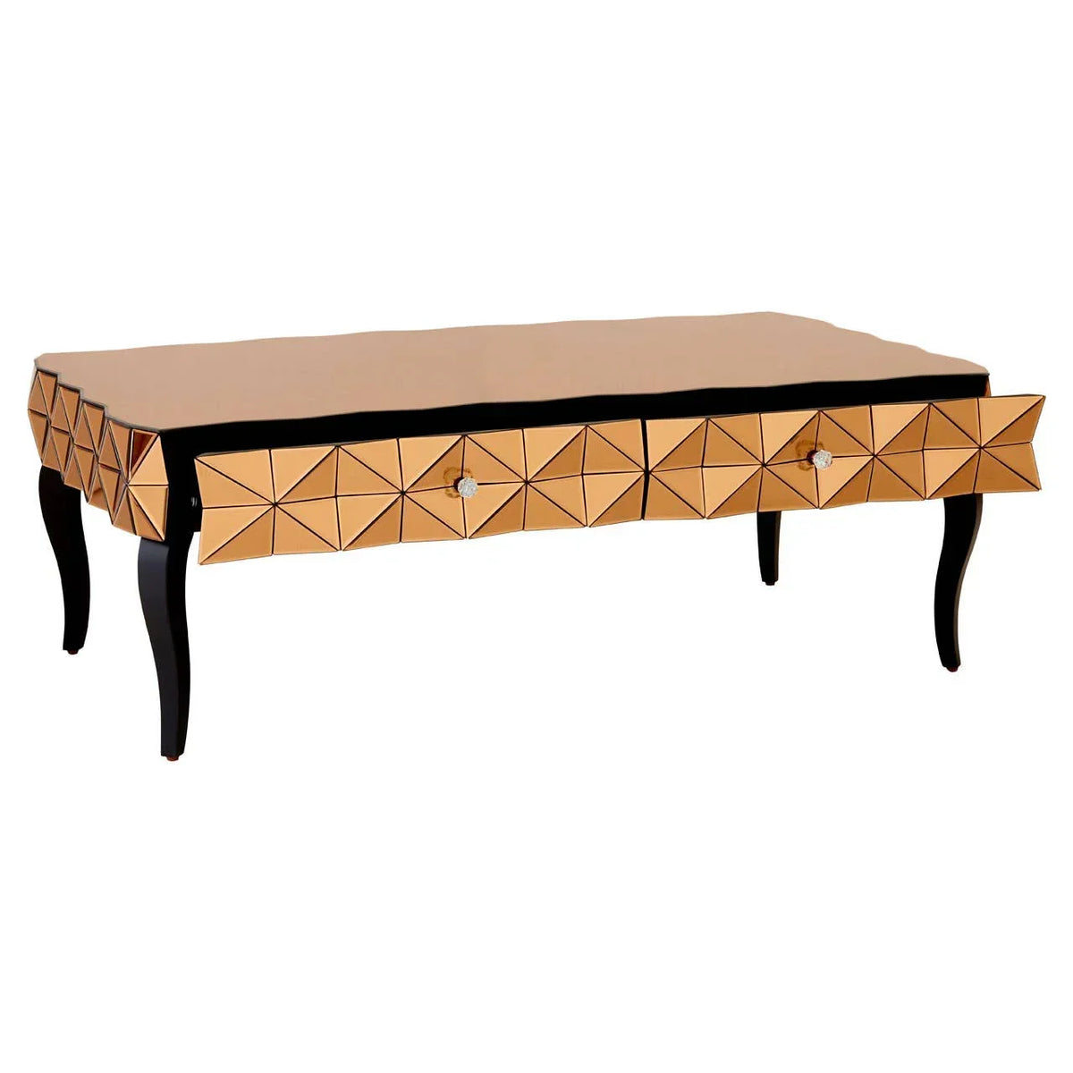 Gold geometric coffee table with black curved legs and front storage drawers