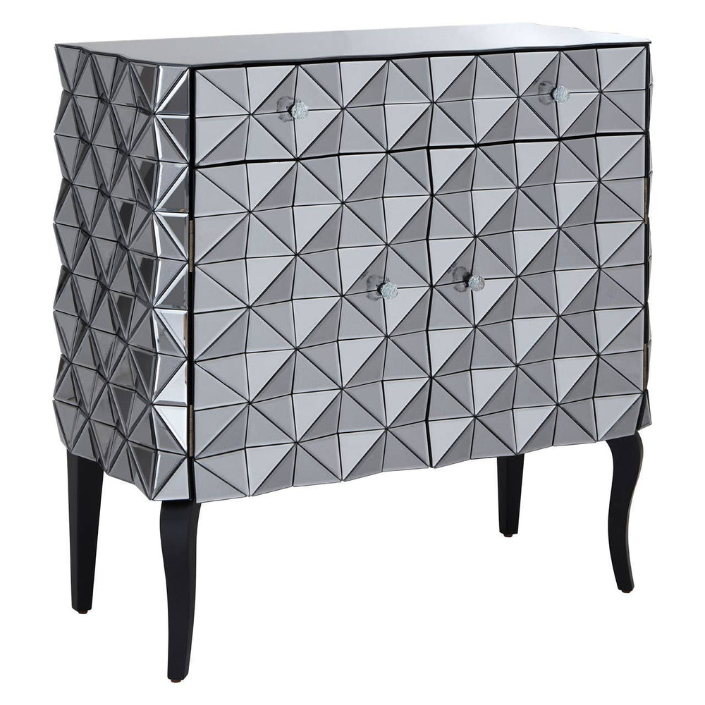 A stylish sideboard featuring a silver finish with a geometric diamond pattern on the front, two doors, and sleek black legs. The design combines modern aesthetics with functional storage, making it suitable for various home decor styles