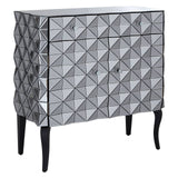 A stylish sideboard featuring a silver finish with a geometric diamond pattern on the front, two doors, and sleek black legs. The design combines modern aesthetics with functional storage, making it suitable for various home decor styles