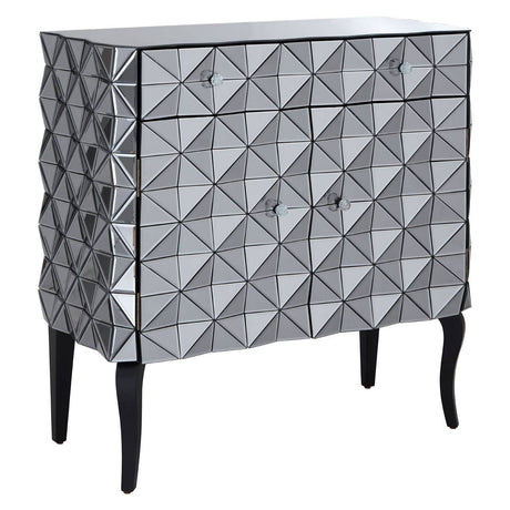 A stylish sideboard featuring a silver finish with a geometric diamond pattern on the front, two doors, and sleek black legs. The design combines modern aesthetics with functional storage, making it suitable for various home decor styles
