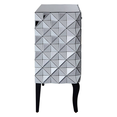 A stylish sideboard featuring a silver finish with a geometric diamond pattern on the front, two doors, and sleek black legs. The design adds a modern touch to home decor