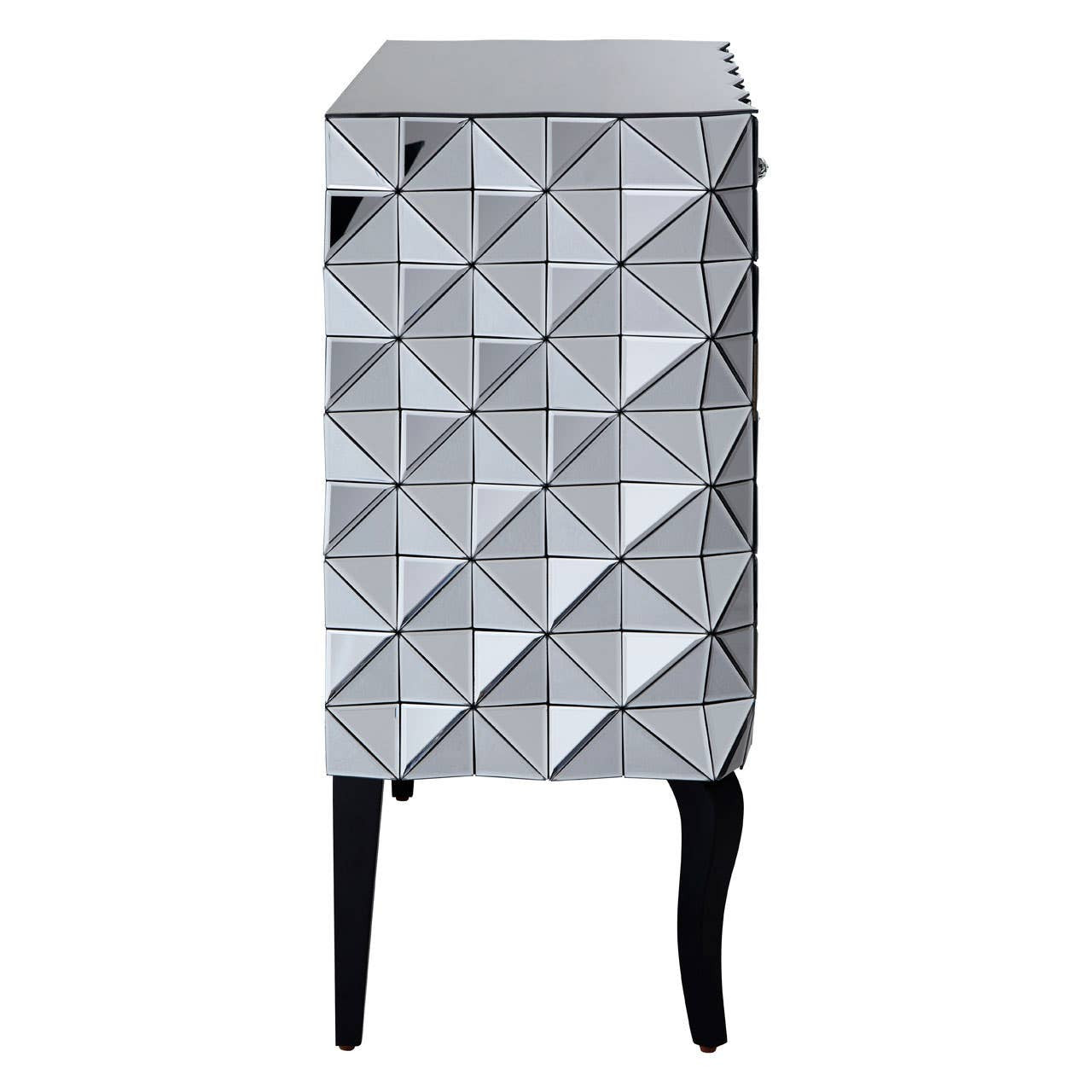 A stylish sideboard featuring a silver finish with a geometric diamond pattern on the front, two doors, and sleek black legs. The design adds a modern touch to home decor