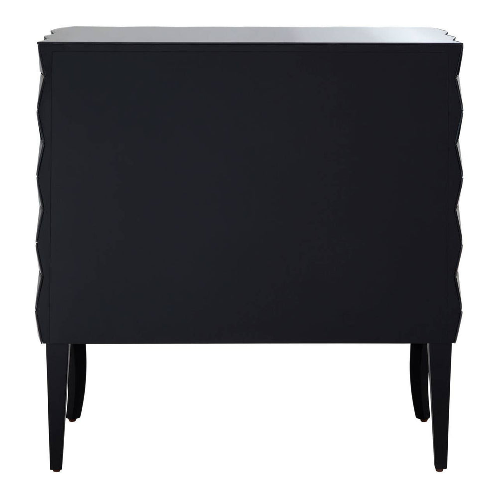 A sleek sideboard featuring a silver finish with two doors, a smooth top surface, and a modern design. The sideboard has a textured front with wavy detailing and stands on four slender legs