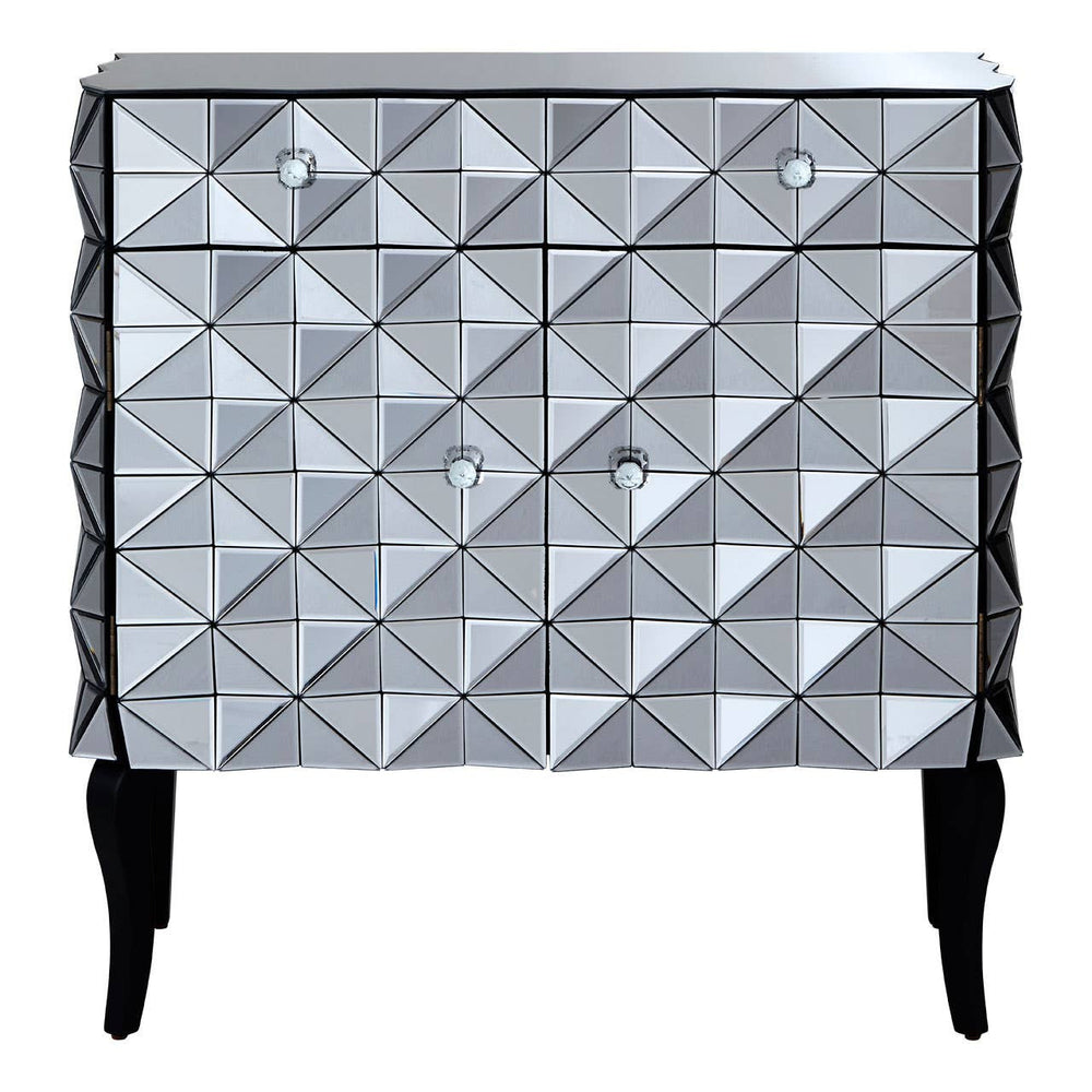A stylish sideboard featuring a silver finish with a geometric diamond pattern on the front, two drawers, and two doors. The sideboard stands on four slender black legs, adding a modern touch to any home decor