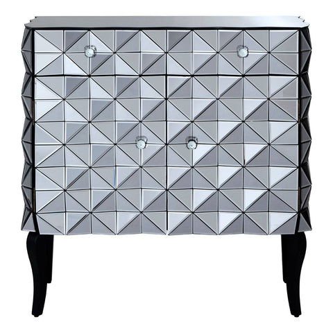 A stylish sideboard featuring a silver finish with a geometric diamond pattern on the front, two drawers, and two doors. The sideboard stands on four slender black legs, adding a modern touch to any home decor