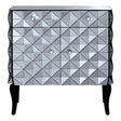 A stylish sideboard featuring a silver finish with a geometric diamond pattern on the front, two drawers, and two doors. The sideboard stands on four slender black legs, adding a modern touch to any home decor