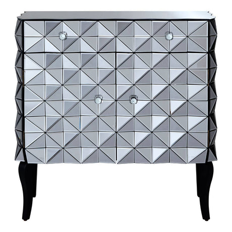 A stylish sideboard featuring a silver finish with a geometric diamond pattern on the front, two drawers, and two doors. The sideboard stands on four slender black legs, adding a modern touch to any home decor