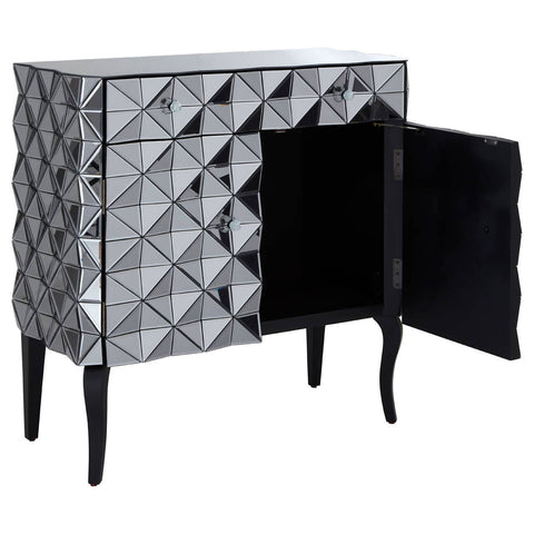 A stylish sideboard featuring a silver finish with a geometric diamond pattern on the front. It has two doors, one of which is open, revealing a spacious interior. The sideboard is supported by four slender black legs, adding a modern touch to the design