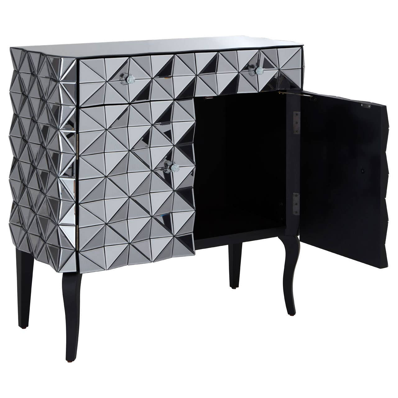 A stylish sideboard featuring a silver finish with a geometric diamond pattern on the front. It has two doors, one of which is open, revealing a spacious interior. The sideboard is supported by four slender black legs, adding a modern touch to the design