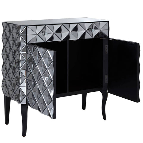 A stylish sideboard featuring a silver finish with a geometric diamond pattern on the front, two doors that open to reveal a black interior, and elegant tapered legs