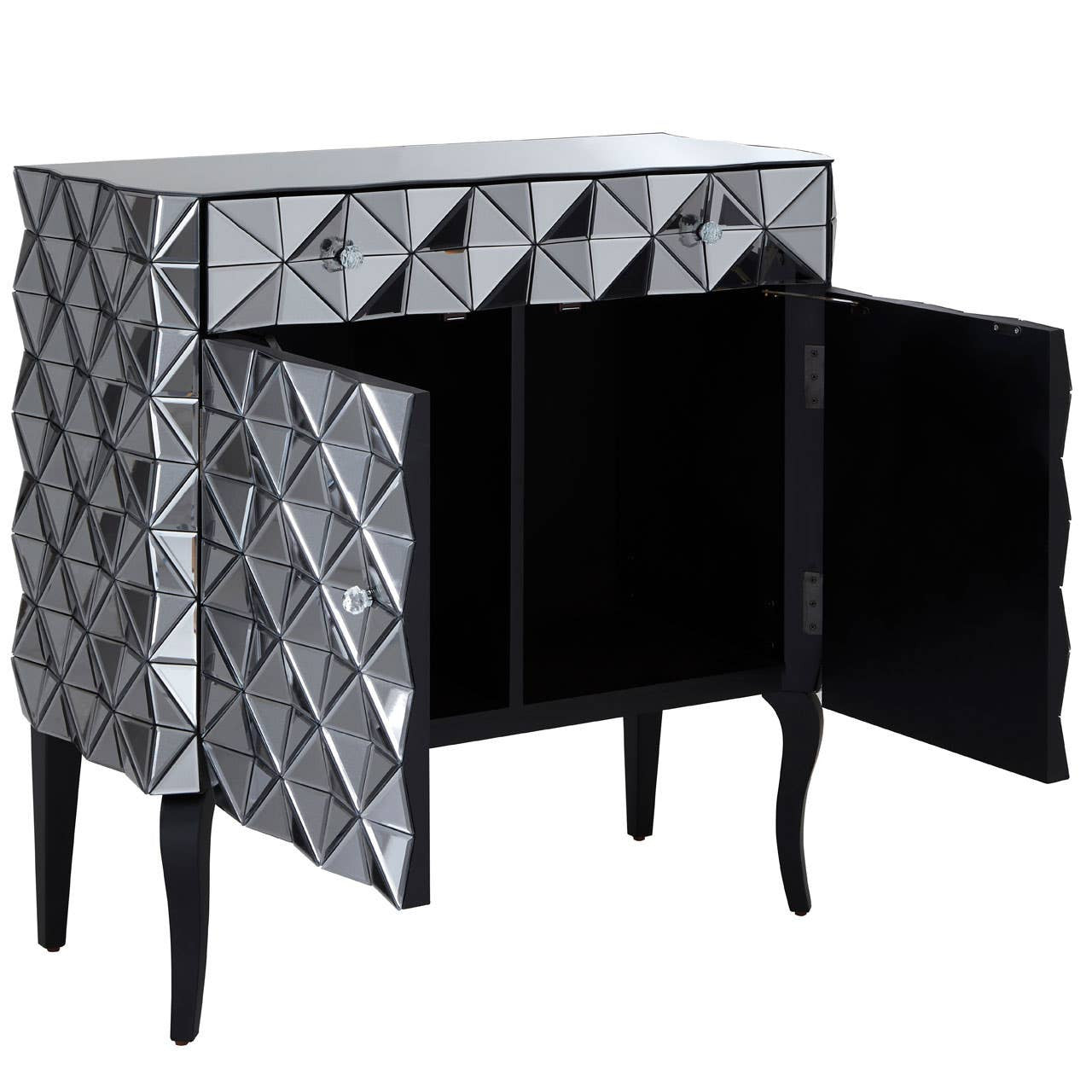 A stylish sideboard featuring a silver finish with a geometric diamond pattern on the front, two doors that open to reveal a black interior, and elegant tapered legs