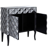 A stylish sideboard featuring a silver finish with a geometric diamond pattern on the front, two doors that open to reveal a black interior, and elegant tapered legs