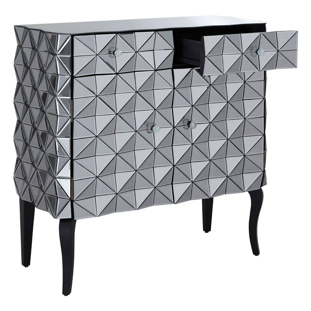 A stylish sideboard featuring a silver finish with a geometric diamond pattern on the front, two doors, and a single drawer partially open. The sideboard stands on four slender black legs, adding a modern touch to the design