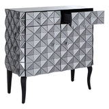 A stylish sideboard featuring a silver finish with a geometric diamond pattern on the front, two doors, and a single drawer partially open. The sideboard stands on four slender black legs, adding a modern touch to the design