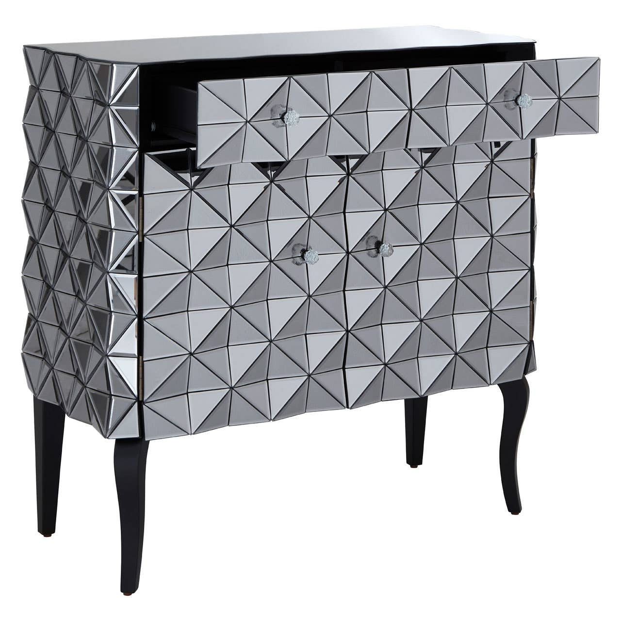 A stylish sideboard featuring a silver finish with a geometric diamond pattern on the front. It has two doors and one drawer, all with sleek black handles. The sideboard stands on four elegant black legs, adding a modern touch to any home decor
