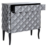 A stylish sideboard featuring a silver finish with a geometric diamond pattern on the front. It has two doors and one drawer, all with sleek black handles. The sideboard stands on four elegant black legs, adding a modern touch to any home decor