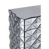 Silver finish sideboard with a geometric, textured surface featuring triangular patterns, showcasing a modern and sleek design. The top edge is smooth and straight, complementing the reflective quality of the material