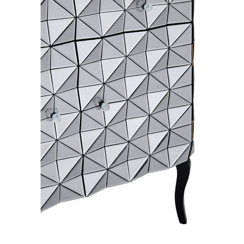 Silver finish sideboard featuring a geometric triangular pattern on the front, with two doors and sleek black legs. The design adds a modern touch to home decor