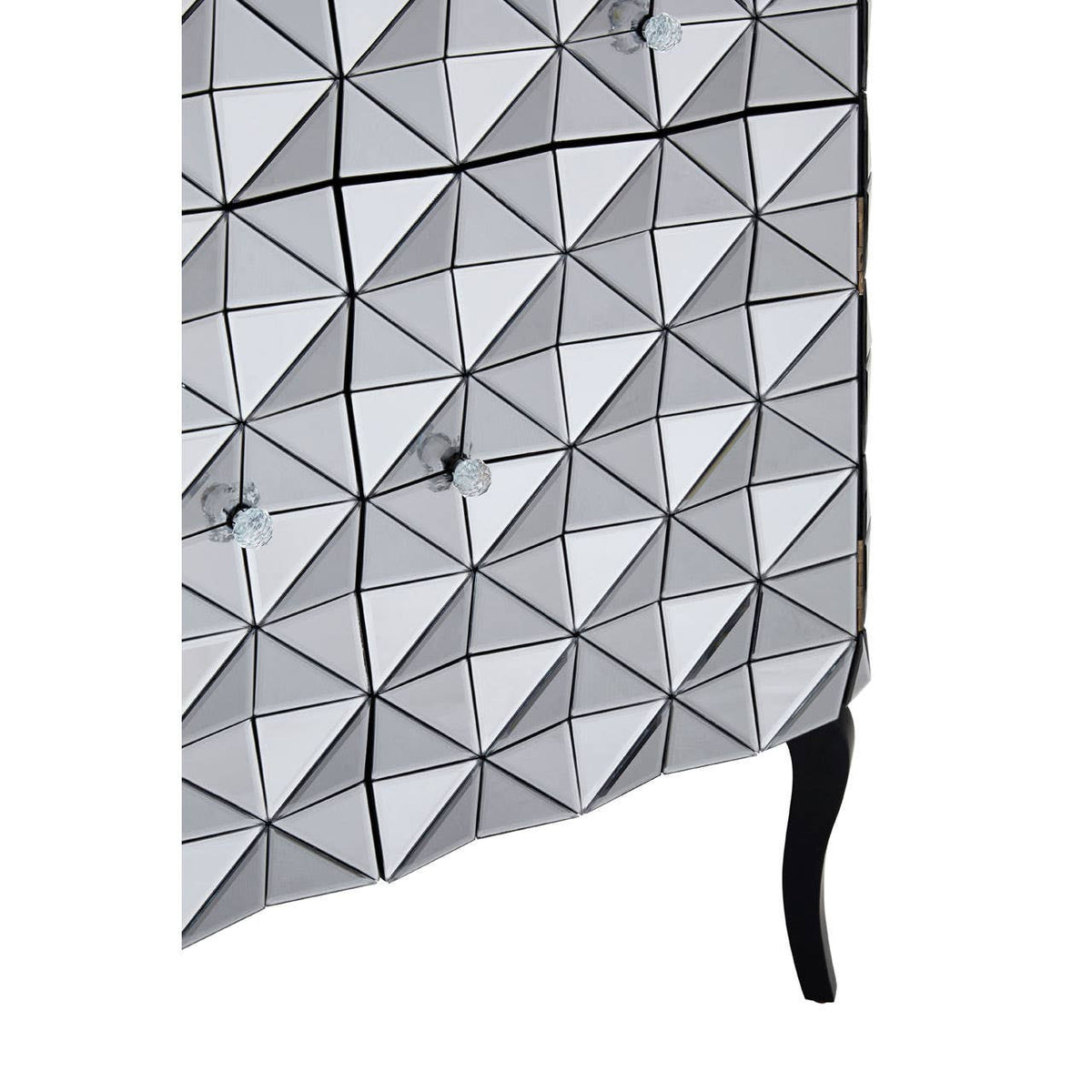 Silver finish sideboard featuring a geometric triangular pattern on the front, with two doors and sleek black legs. The design adds a modern touch to home decor