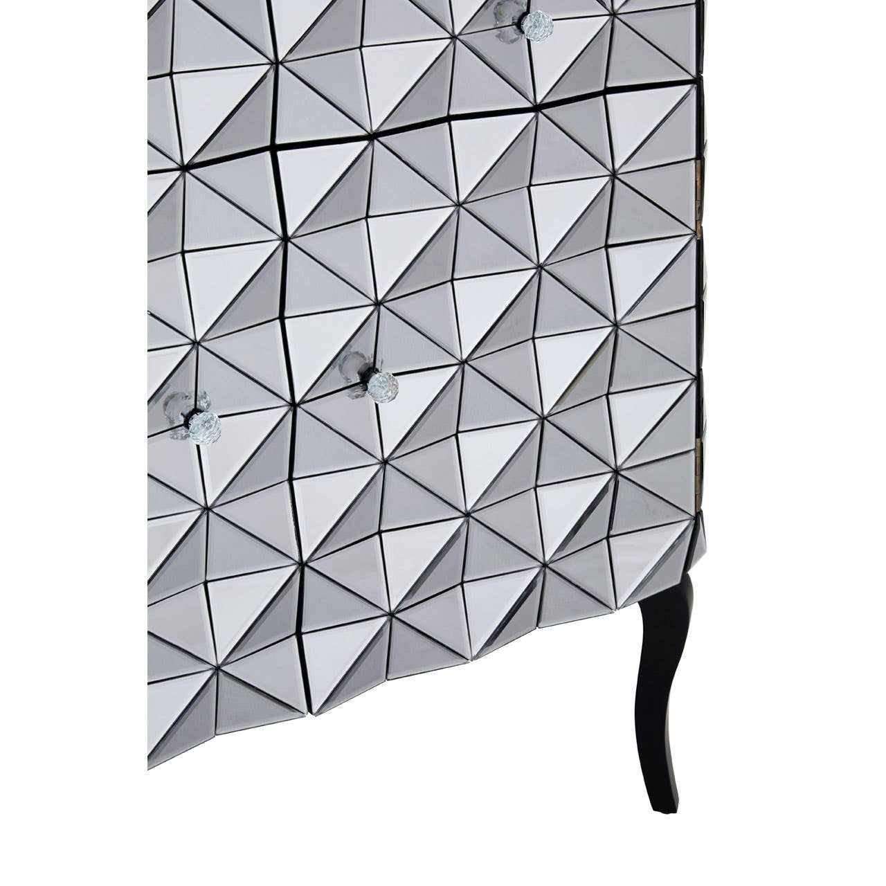 Silver finish sideboard featuring a geometric triangular pattern on the front, with two doors and sleek black legs. The design adds a modern touch to home decor