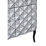 Silver finish sideboard featuring a geometric triangular pattern on the front, with two doors and sleek black legs. The design adds a modern touch to home decor