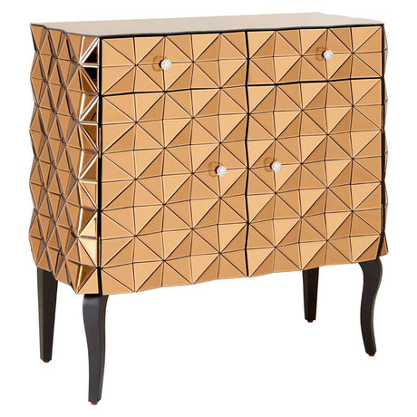 A stylish cabinet featuring a geometric diamond pattern in a warm wood finish, complemented by a copper-colored top. The cabinet has two doors with round silver knobs and four tapered black legs for a modern touch