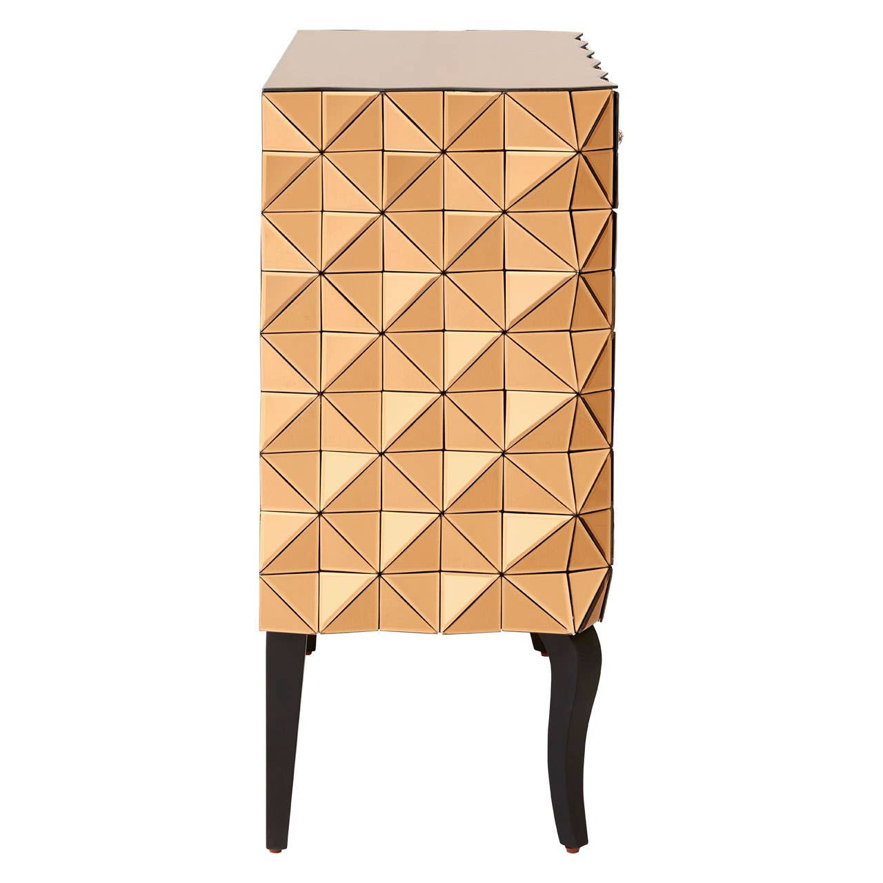 A tall cabinet featuring a geometric diamond pattern on the front, finished in a warm copper tone. The cabinet has two doors and stands on four slender black legs, providing a modern and stylish look suitable for home decor