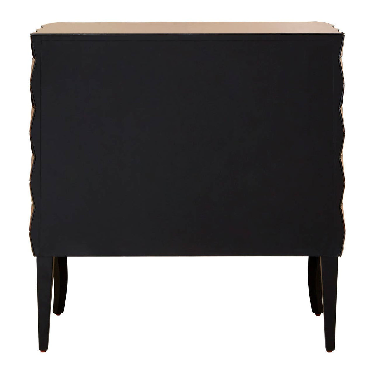 Soho 2 Door Copper Finish Cabinet featuring a sleek black body with a textured design on the sides, a smooth wooden top, and slender legs. The cabinet has two doors that provide storage space, enhancing modern home decor