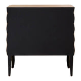 Soho 2 Door Copper Finish Cabinet featuring a sleek black body with a textured design on the sides, a smooth wooden top, and slender legs. The cabinet has two doors that provide storage space, enhancing modern home decor