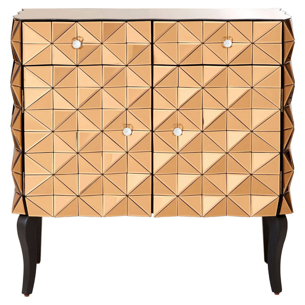 A stylish cabinet featuring a geometric pattern on the front, with a warm copper finish and two doors. The cabinet has four small, round knobs and stands on four slender black legs, adding a modern touch to its design