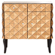 A stylish cabinet featuring a geometric pattern on the front, with a warm copper finish and two doors. The cabinet has four small, round knobs and stands on four slender black legs, adding a modern touch to its design
